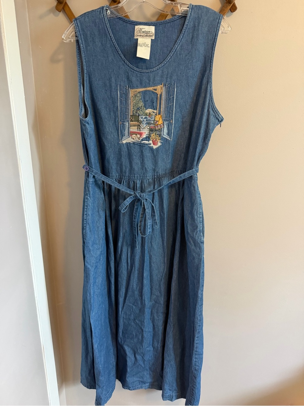 Tradition Country Collection Vintage Denim Embroidered Lake Porch Cat Dress  L